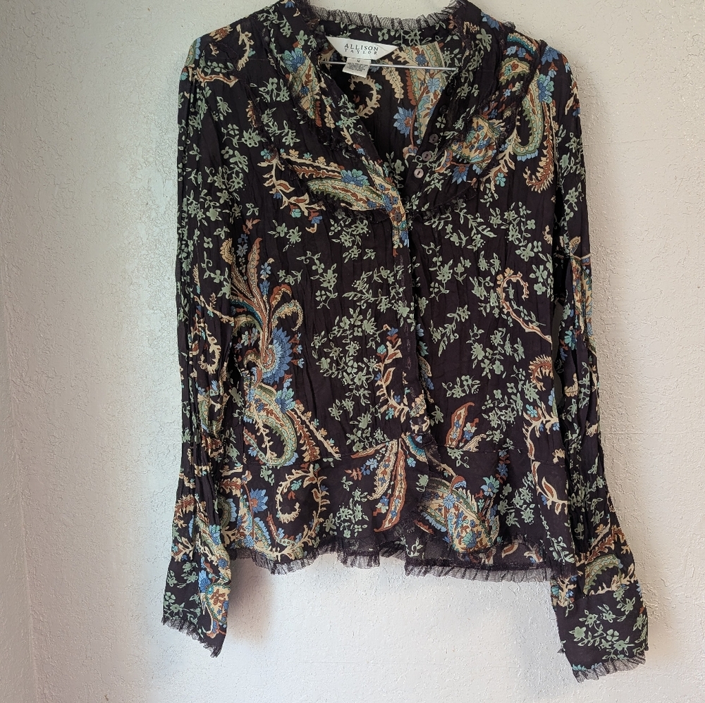 Sheer Paisley Blouse M Brown Blue Witchy Cottagecore Fairy Goblin Dainty Ruffles